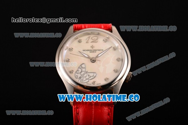 Vacheron Constantin Metiers d'Art Swiss ETA 2824 Automatic Steel Case with White MOP Dial Red Leather Strap and Diamonds Markers - Click Image to Close
